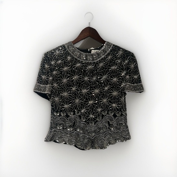 ADRIANNA PAPELL EVENING ‎ BOUTIQUE 100% SILK  BEADS SEQUIN TOP Size PS Glam - Picture 1 of 12
